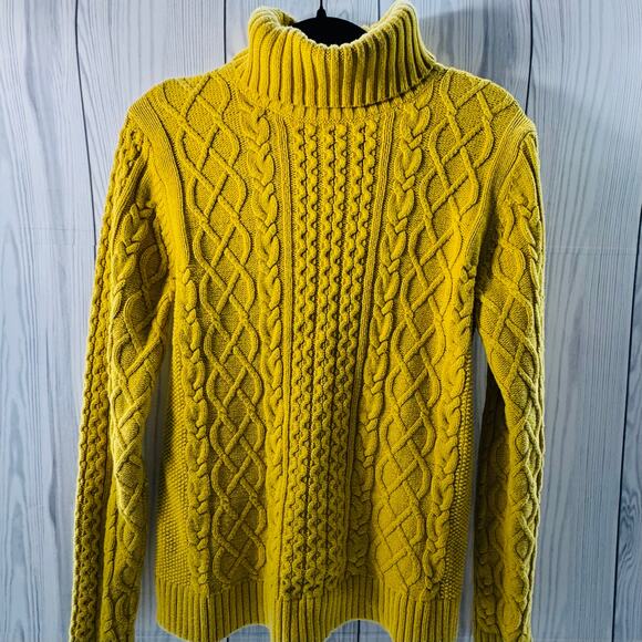 Lands’ End Cable Knit Chunky Fisherman Yellow Turtleneck Sweater Sz M Vintage - Picture 1 of 7